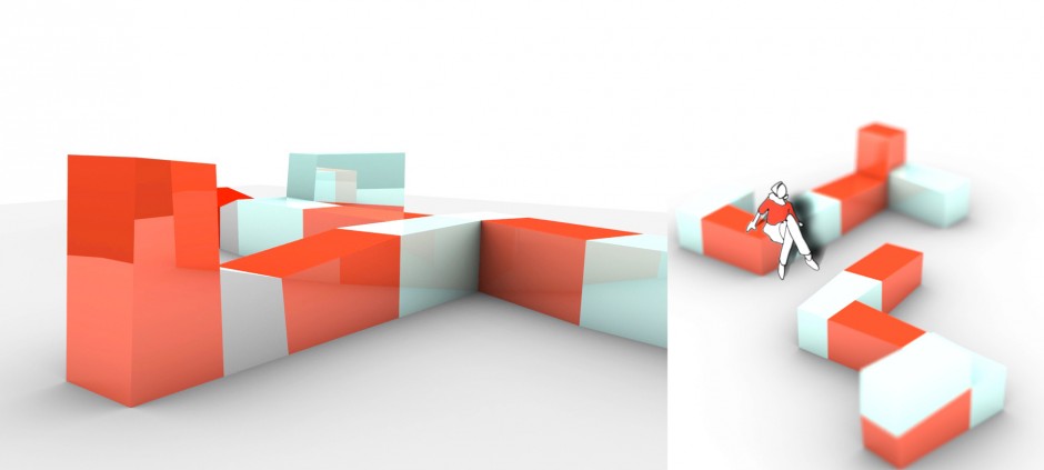 3D Modell der Sitzlandschaft mit Handzeichnung